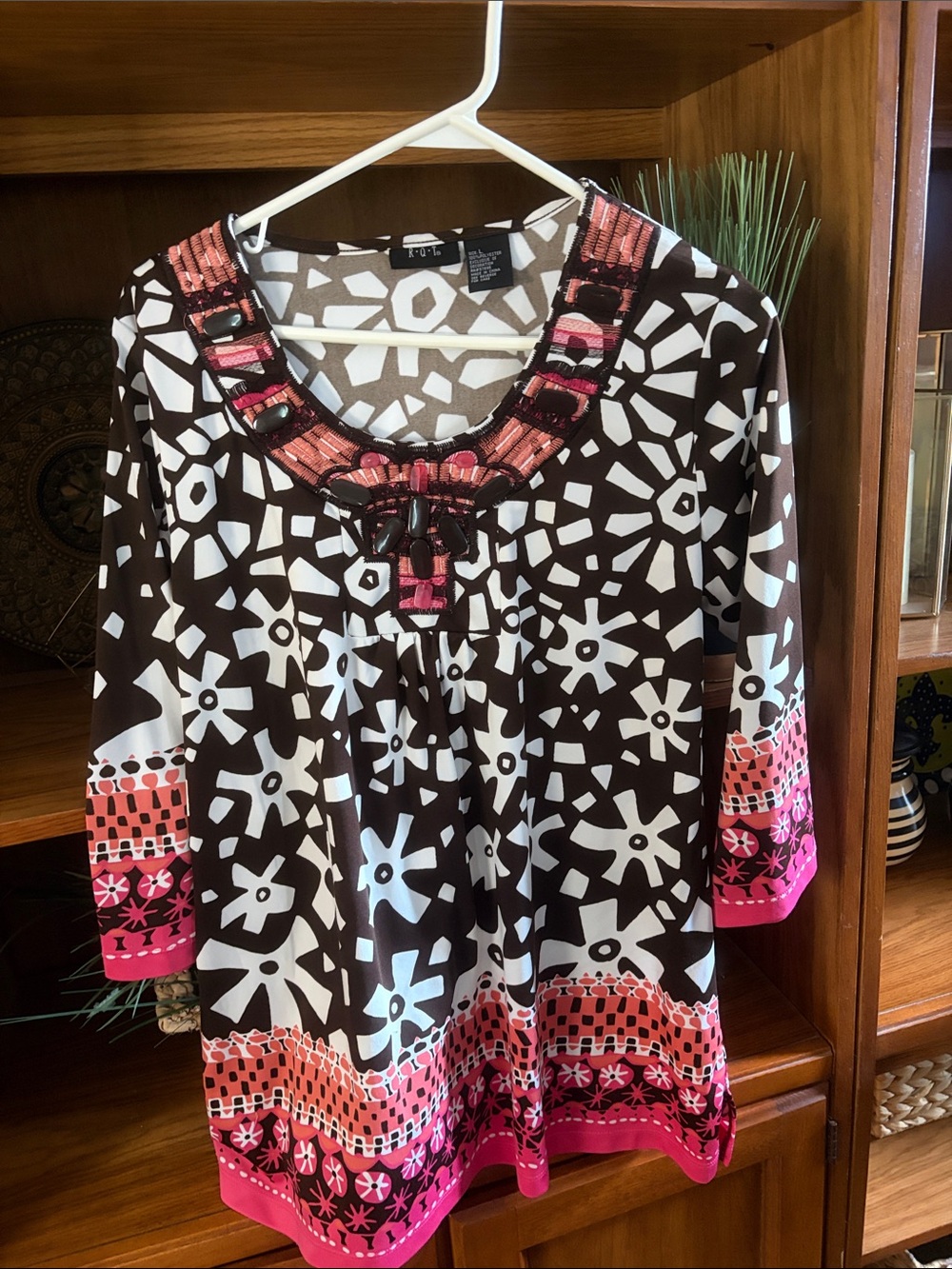 Embellished Brown & White Floral Print Tunic with Pink Accents